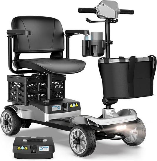 Mobility Scooter for Adults with Spare Battery – 24.8 Miles Total Range, 4-Wheel Foldable Portable Motorized Scooter, 330 lbs Capacity, Dual Baskets, Cup & Phone Holder, Silver