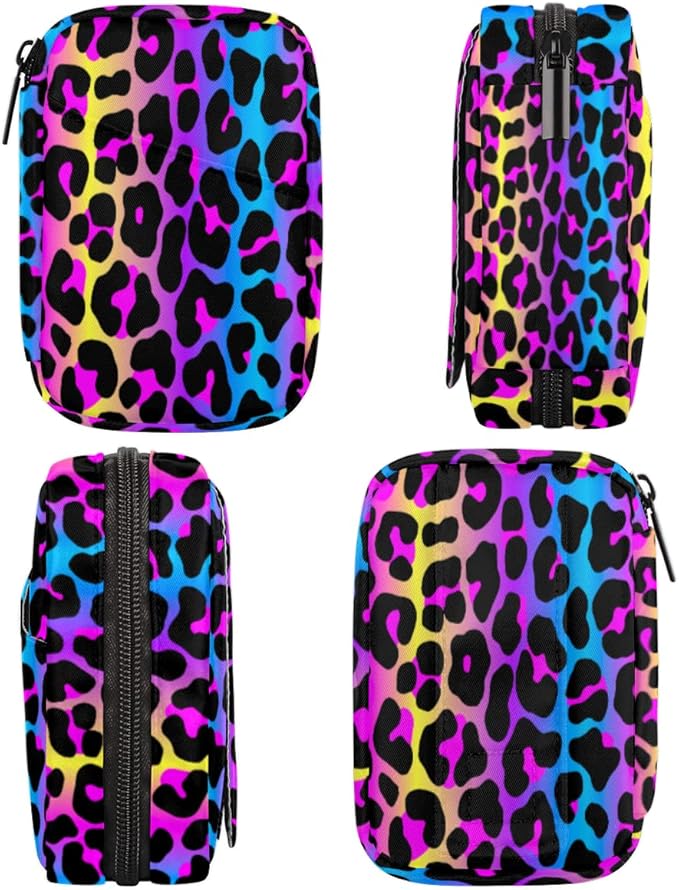 Rainbow Leopard Cheetah Skin Pill Organizer - 7 Day Weekly Medicine Box, Compact Size, Vitamin Container, Portable Pill Holder Bag with Zipper
