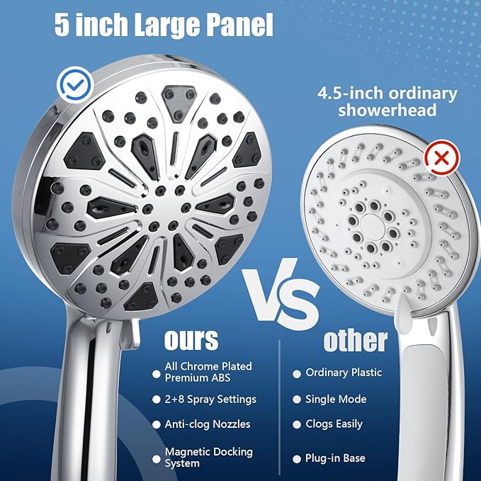 Shower Head with handheld, 10 spray, Magnetic Shower Head, High Pressure Handheld Shower Head, Adjustable Bracket, Built-in Pause Mode & Power Wash, Showerhead with 60" LeakProof Hose, 1.8 GPM
