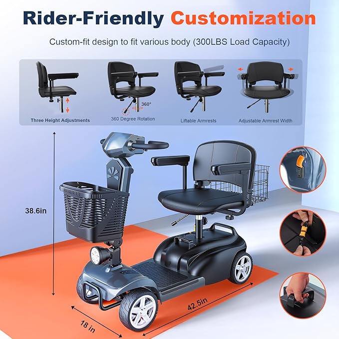 15/25/30/50Miles Eldryvon 4 Wheels Electric Mobility Scooter for Seniors, Dual Basket, 350W Powered Wheelchair with Rotating Seat, Foldable Motorized Scooter for Adults (Grey, 15Miles)