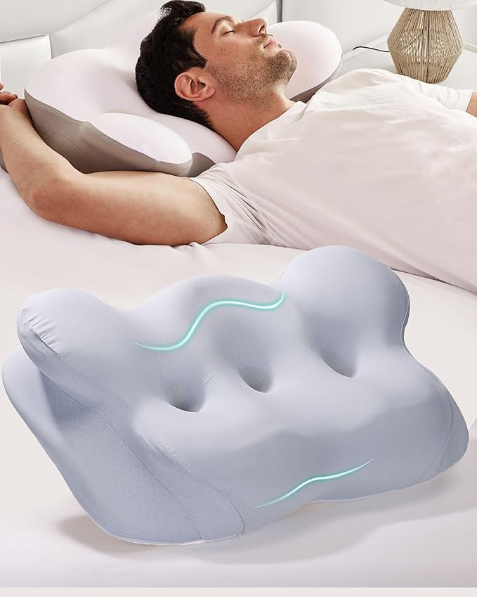 Cervical Neck Pillow, Memory Foam Pillow for Neck Pain Relief, Ergonomic Contour Cooling Pillow for Side Sleeper Pillow Adults & Stomach Sleepers Neck Shoulder Pillow (Light-Blue, 24" L x 14" W)