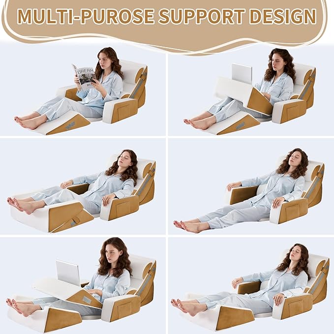 Yojoker 9PCS Orthopedic Bed Wedge Pillow Set for Sleeping, Back and Leg Pain Relief, Post Surgery Foam Pillow for Body, Triangle Adjustable Support Pillow - Acid Reflux Sleeping Pillows Brown