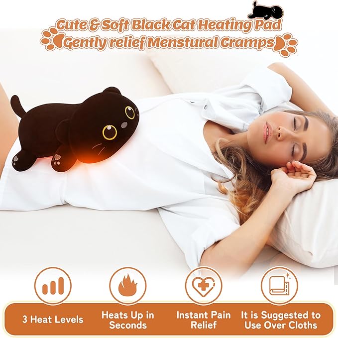 Electric Heating Pad for Period Cramps, Cuddly Kawaii 14'' Black Cat Plush with a Hot Soft Belly USB Powered, Menstrual Heating Pad Neck Shoulder Pain Relief, Gift for Daughter Wife Period Heating Pad