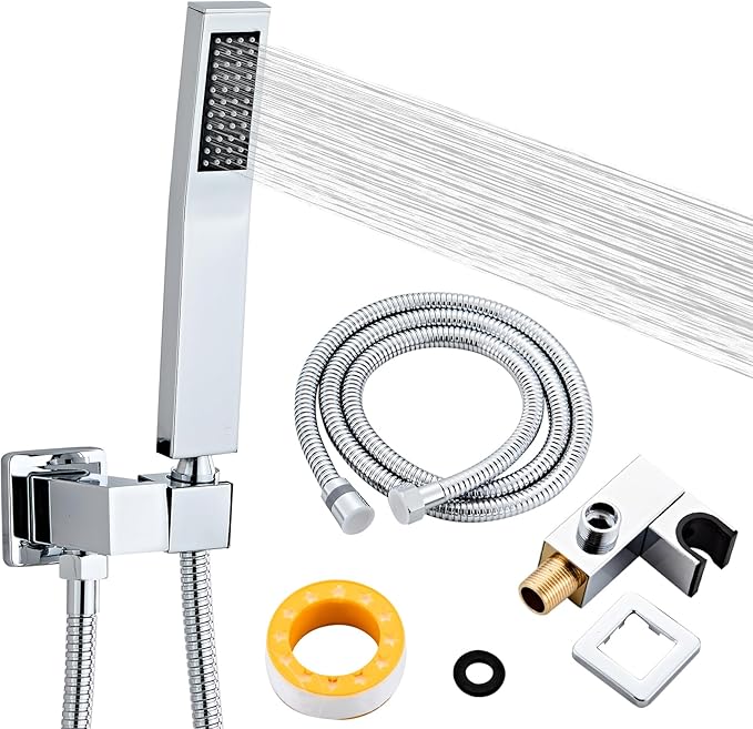 Bathroom Square Chrome Solid Brass Hand Held Shower Head With Wall Connector and Hose System Wall Mount Handheld Showerheads Set