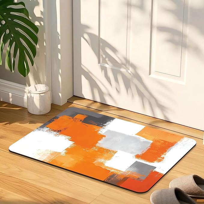 Quick Dry Bath Mat for Bathroom,Super Absorbent Orange and Gray Welcome Bath Rug Non-Slip Rubber,Machine Washable Bathroom Floor Mat for Shower, Tub, Sink Area Abstract Art Painting 16x24