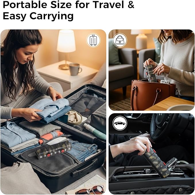 Foldable Pill Organizer Weekly 2 Times a Day, 7 Day Portable AM PM Travel Pill Case with Black&White Labels, Dual-Protection Daily Medicine Box, Large Pill Container for Vitamin/Supplement-Clear Black