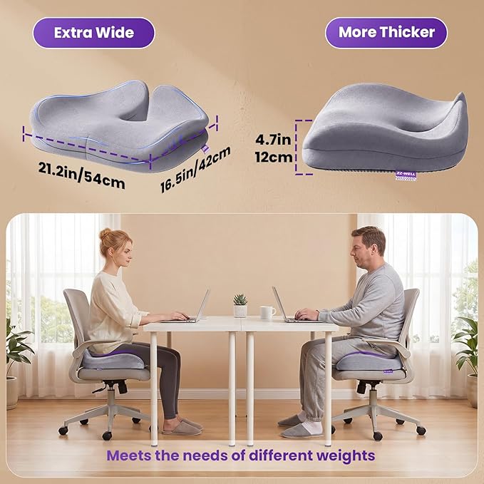 ZZ-WELL Seat Cushions for Office Chairs - Patented Extra Large Seat Cushion 21.2" W x 16.5" L - Memory Foam Seat Cushion for Tailbone Pain Relief, Sitting Pressure Relief (Light Grey)