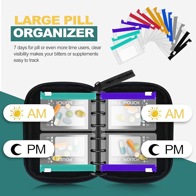Timueetech A7 Waterproof Pill Organizer with 14 S Zippered Pill Pouches for A7 Binder, Small BPA-Free Weekly Medicine Organizer, Color-Coded Reusable Travel Pill Storage System