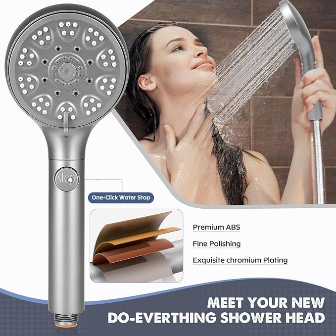 Shower Head with Handheld, High Pressure 5 Modes Water Saving Handheld Shower Head, One Button Water Stop, with 6-inch Extra Long Stainless Steel Hose and Adjustable Mounting Holder, Silver