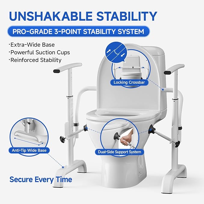 Toilet Safety Rails for Seniors, 350lbs Heavy Duty Toilet Safety Frame & Grab Bars, Triple Stability with 2 Suction Cups & Rear Bar, Adjustable Height & Width Toilet Rail
