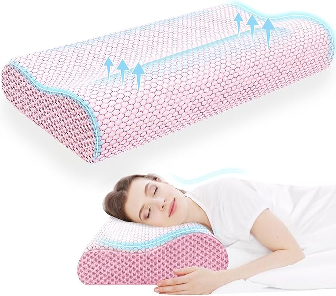 CloudBliss Memory Foam Pillow, Ergonomic Neck Contour Cervical Pillow for Back and Shoulder Pain, Orthopedic Pillow for Neck Pain Relief, for Sleeping Side, Back, Stomach Sleepers - Pink, Queen