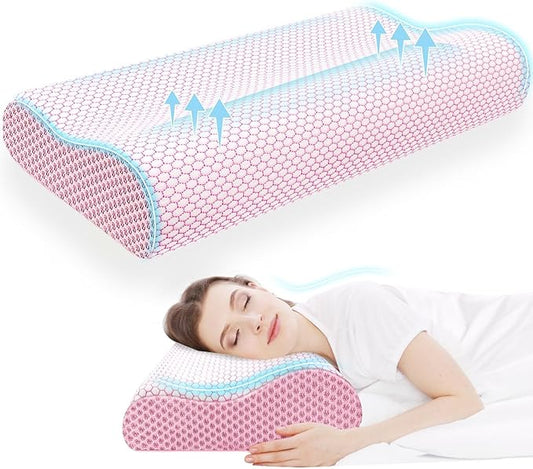 CloudBliss Memory Foam Pillow, Ergonomic Neck Contour Cervical Pillow for Back and Shoulder Pain, Orthopedic Pillow for Neck Pain Relief, for Sleeping Side, Back, Stomach Sleepers - Pink, Queen