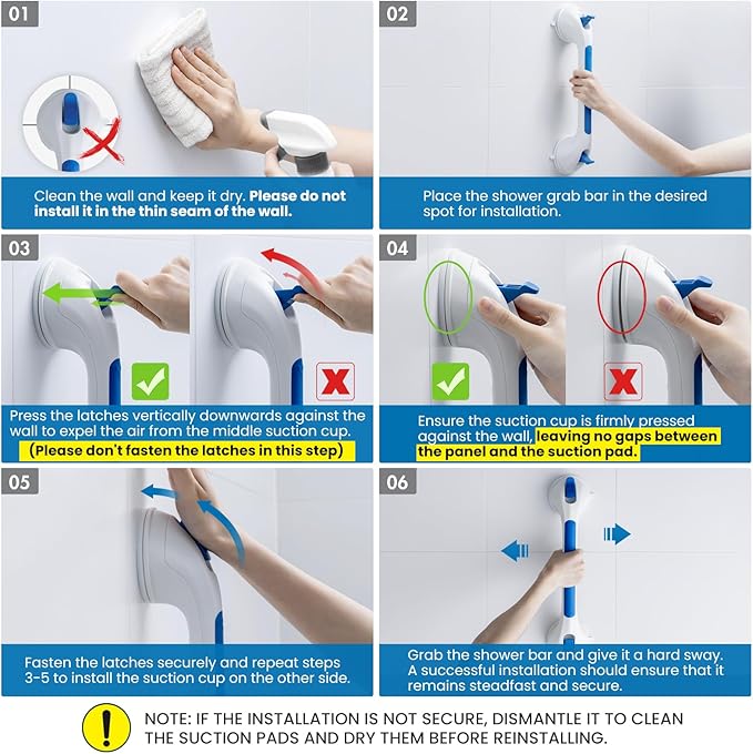 LEVERLOC Grab Bars for Shower 2 Pack, Suction Grab Bar Shower Handle for Bathroom Removable Handrails for Seniors Elderly Heavy Duty Safety Grip Waterproof Drill Free,Blue