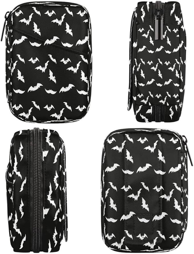 Weekly Travel Pill Organizer Case for Purse with Removable 7 Day Box Portable Compact Size Pill Box Fashionable Pill Container for Medicine Vitamin Supplement Halloween Goth Bat