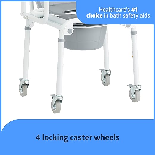 Medline Aluminum Drop-Arm Bathroom Chair Commode with 4 Locking Casters, 300 lbs. Capacity, for Restroom, Elderly, Adults, Bariatric & Wheelchair Transfer to Toilet