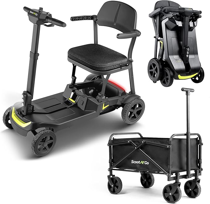 SCOOTNGO Mobility Scooters for Seniors, 4 Wheel Foldable Lightweight Airline Approved Mobility Scooter for Adults, Dual Batteries, Portable, No Assembly Needed (Black Yellow, with Folding Trailer)