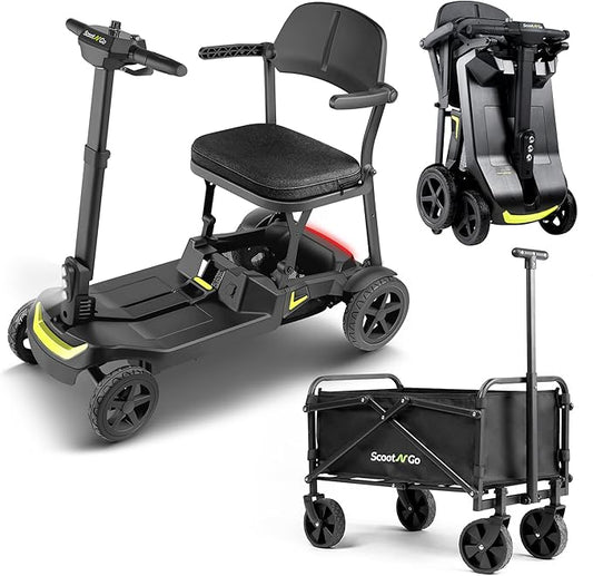 SCOOTNGO Mobility Scooters for Seniors, 4 Wheel Foldable Lightweight Airline Approved Mobility Scooter for Adults, Dual Batteries, Portable, No Assembly Needed (Black Yellow, with Folding Trailer)