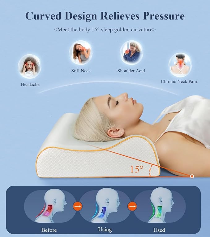 Memory Foam Contour Pillow for Neck Pain Relief/Neck Support, Cooling Cervical Neck Pillow for Side Sleeper/Sleeping, Ergonomic Sleep Apnea Orthopedic Anti Snore Therapeutic Pillows for Back Sleepers