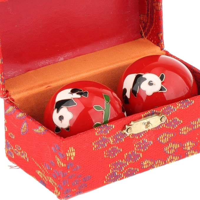 2 Pieces Hand Massage Balls, Chinese Exercise Handballs with Storage Box, Compact Relaxation, Chinese Baoding Balls, for Kids Seniors, Panda Red
