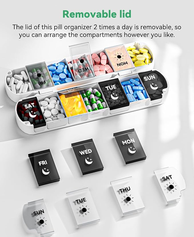 Weekly Pill Organizer 2 Times a Day, Moisture-Proof 7 Day Pill Box AM PM, Foldable Travel Medicine Organizer with Magnetic Closure for Vitamins, Supplements and Fish Oils