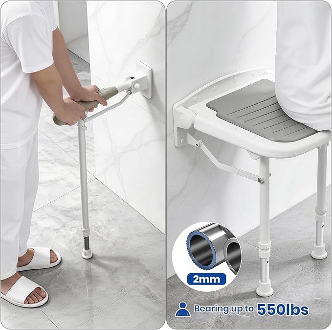 Folding Shower Seat with Adjustable PU Grab Bar, 550lbs Heavy Duty Fold Down Bath Bench with Legs, Non-Slip Comfort Grip and Removable Cushion, Wall Mounted Chairs for Seniors