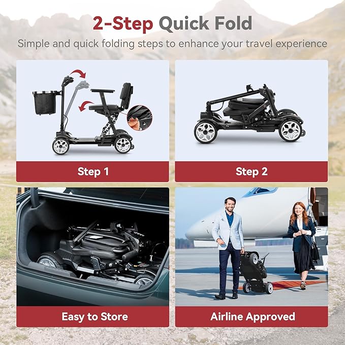 20 Miles Range Lightweight Mobility Scooter for Adults & Seniors - 47lbs Foldable 4 Wheel Travel Electric Scooter with Removable Battery, LED Lights - 300lb Capacity (Black)