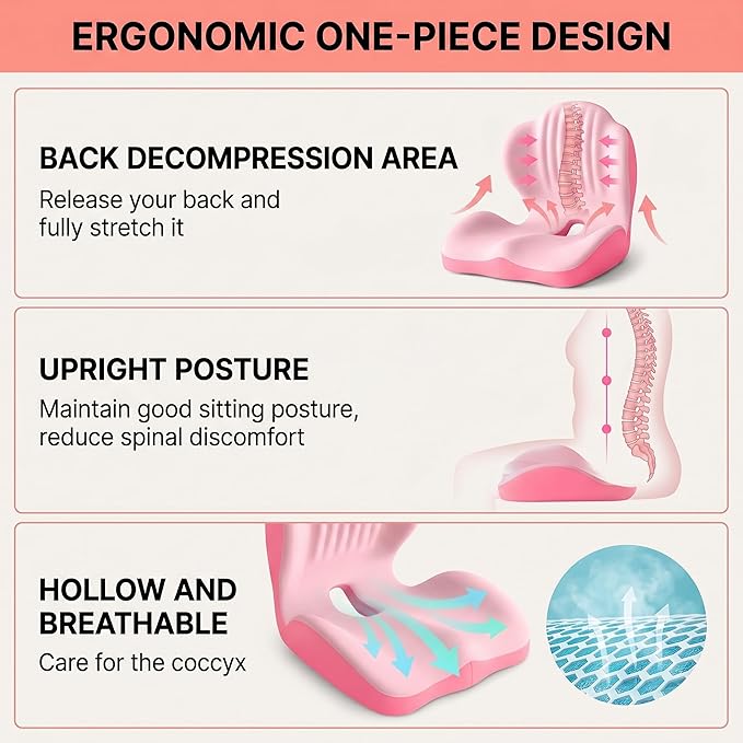Ergonomic Lumbar & Seat Support Cushion, 2-in-1 Memory Foam Cushion with Coccyx Hollow Design for Office Chair, Car Seat, Home Use - Relieves Back & Hip Pain (Pink)