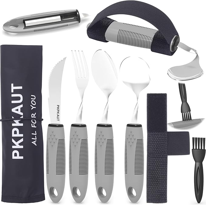 Weighted Parkinsons Utensils for Hand Tremors, Weighted Silverware for Parkinsons Patients Arthritic Hands, Built Up Utensils for Adults, Adaptive Eating Utensils for Disabled People Elderly