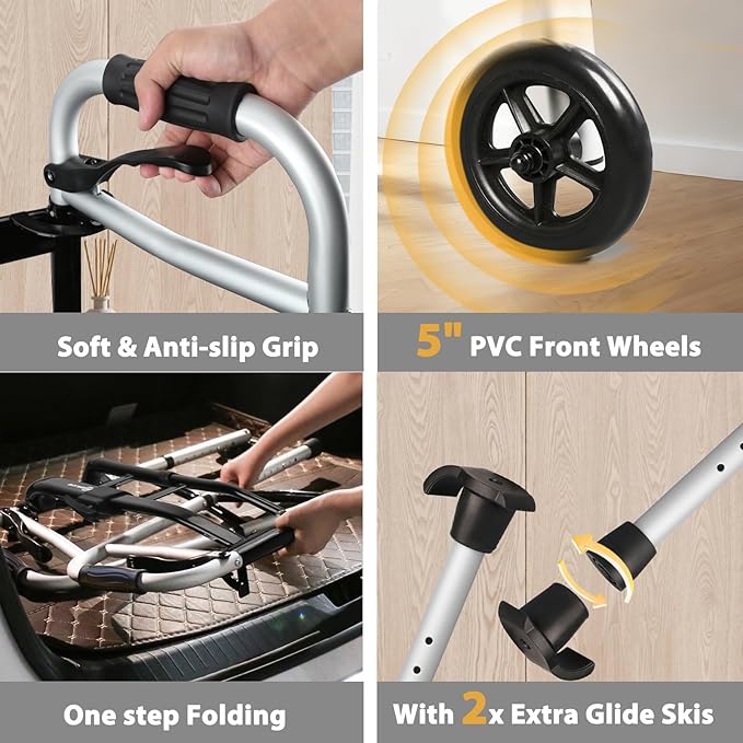 Folding Walker with Tray, 5" Wheels Lightweight Walkers for Seniors and Adults, Supports Up to 350 Pounds, Adjustable Height, Compact Standard Walker, Black