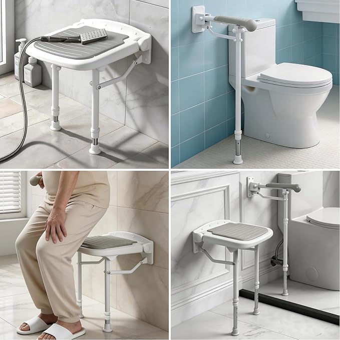Folding Shower Seat with Adjustable PU Grab Bar, 550lbs Heavy Duty Fold Down Bath Bench with Legs, Non-Slip Comfort Grip and Removable Cushion, Wall Mounted Chairs for Seniors