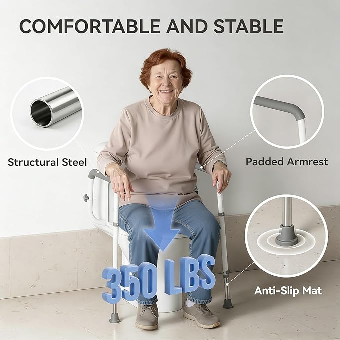 Loyoda Heavy-Duty Steel Toilet Safety Rail - Securely Bolts to Toilet Seat Holes, Adjustable Height & Width, Non-Slip Feet & Soft Foam Grip, Supports 350 lbs for Elderly & Mobility Assistance