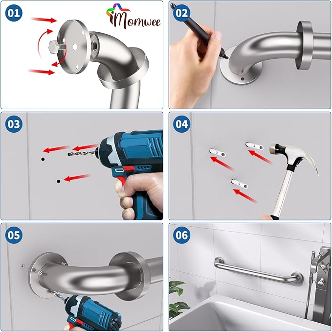Satin Brushed Nickel Grab Bar 24 Inch x 1-1/2" Diameter, iMomwee 2 Pack Stainless Steel Bathroom Handrail, Safety Rail Shower Mobility Aid, Balanced Support Assist Handle for Elderly Seniors Disabled