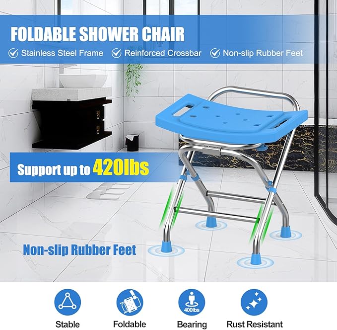 Height Adjustable Folding Shower Chair Seat, Stainless Steel Shower Chair for Inside Shower w/Crossbar, 420LB Portable Travel Shower Stool, Safety Anti-slip Bath Chair for Seniors, Adults,Blue
