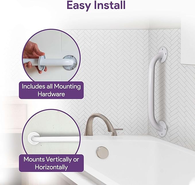 White 18 Inch Grab Bars for Bathtubs and Showers - Powder Coated Steel Bathroom Safety Rail Handle - Non Slip Grip Handicap Grab Bar for Seniors, 250 lbs Weight Support Capacity