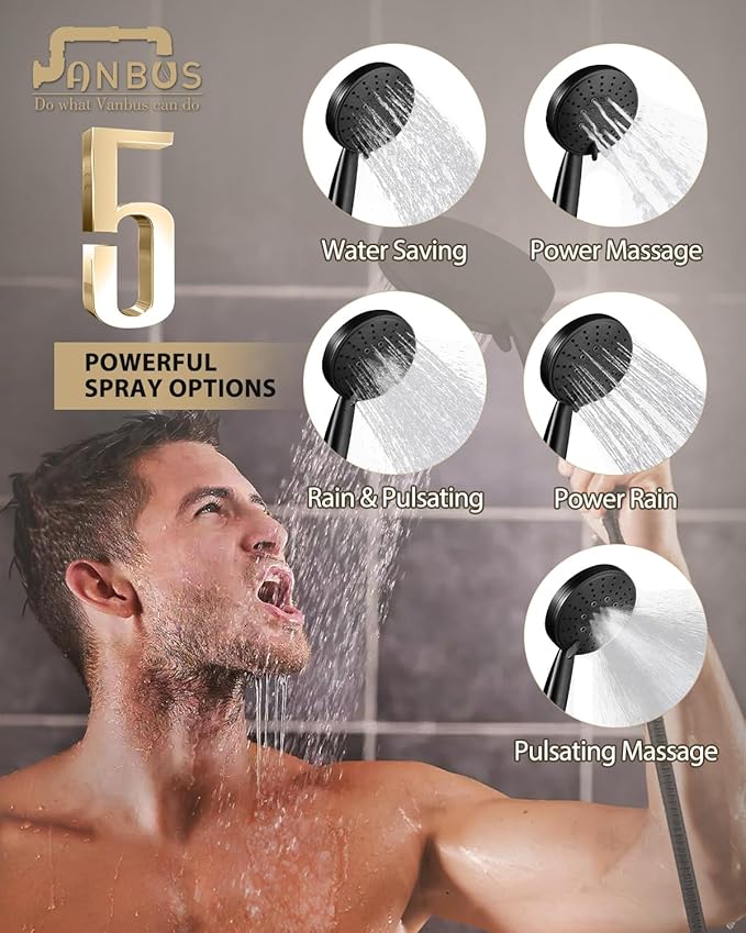 Eco-Performance Matte Black Handheld Shower with Adjustable 32-Inch Slide Bar and 59-Inch Hose, 5-Function Hand Shower offers Personalized Spray Options