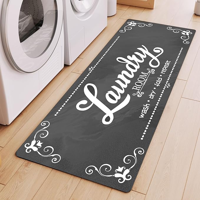 Laundry Room Rug Runner, 17.7"x45" Non Slip Grey Laundry Rugs, Farmhouse Washable Floor Laundry Mats for Laundry Room, Mudroom, Kitchen, Washroom, Bathroom, Hallway Entryway Area Rugs Decor