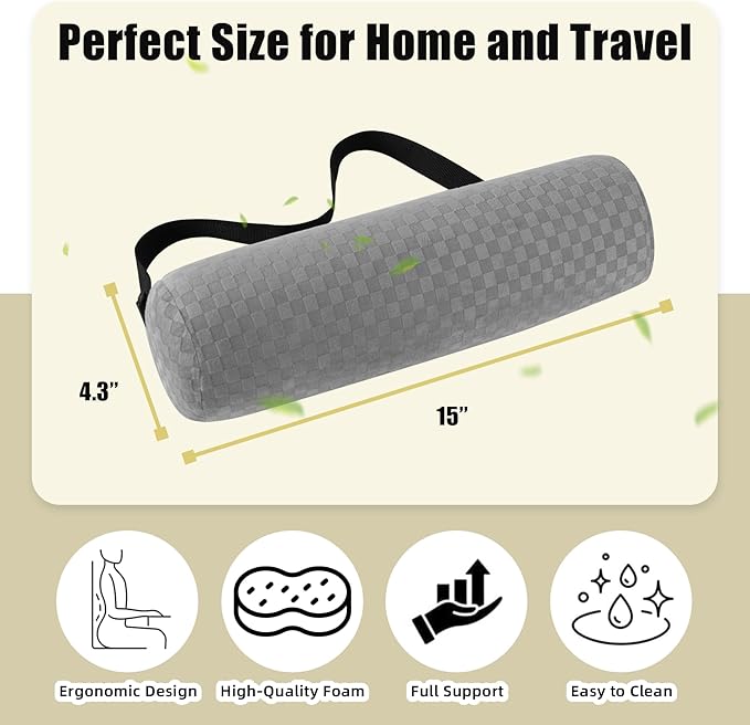 Lumbar Roll Pillow for Lower Back, Lumbar Support Foam Roll Cushion with Pillowcase and Upgraded Strap for Office, Chair, Car, Seat Pain Relief & Improving Posture (Light Grey, Long-15*4.3'')