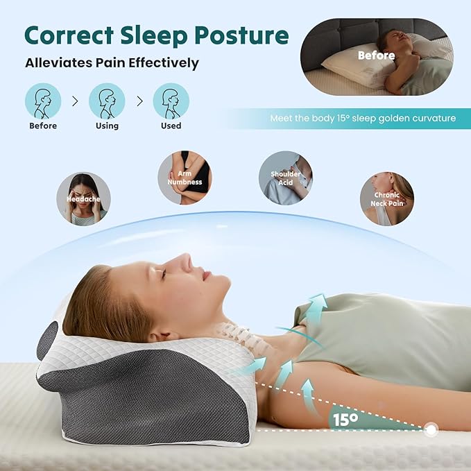 DUMOS Cervical Neck Pillow for Sleeping, Cooling Ergonomic Memory Foam Pillow with Arm Rest Slot and Ice Silk Pillowcase, Dual Height Orthopedic Support Contour for Side, Back, Stomach Sleepers
