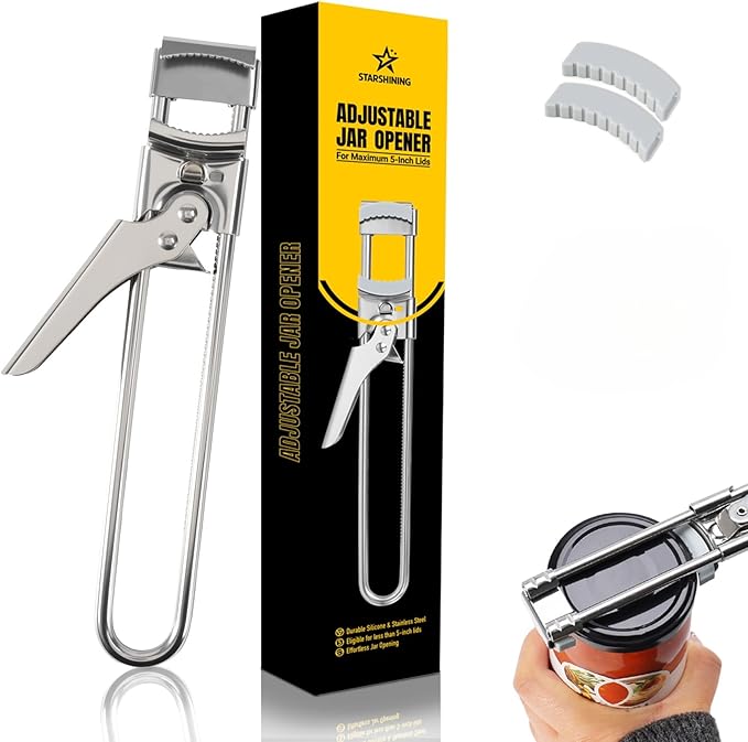 Adjustable Jar Opener –2026 Stainless Steel Can & Bottle Opener for Weak Hands Seniors,Up to 5-Inch Lids,Optional Silicone