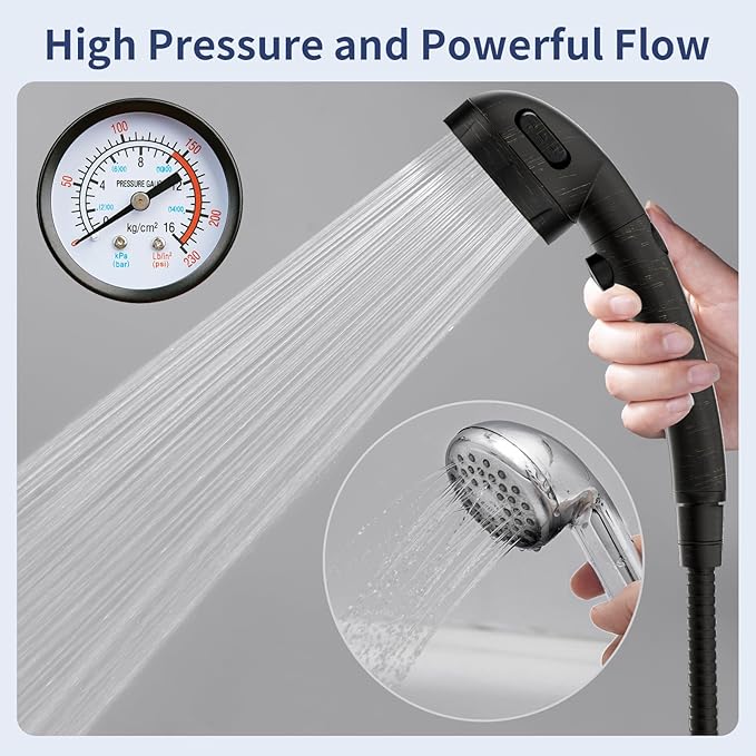 HANLIAN High Pressure Shower Head with Pause Button, 3 Spray Modes Shower Head for RV Camper, Water Saving On Off Shower, Handheld Shower Head with Hose and Holder (Oil-Rubbed Bronze)