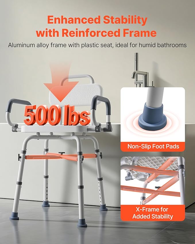 VEVOR Swivel Shower Chair with Arms and Back, 500 lbs Heavy Duty Bench Seat for Inside Shower Stall and Bathtub, Height Adjustable Bathroom Bath Tub Seat for Adults, Seniors, Elderly and Disabled