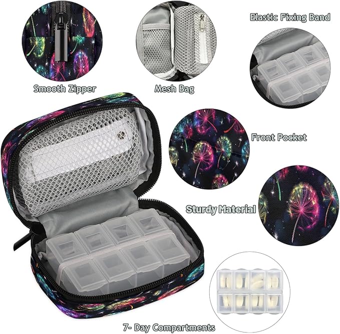 Weekly Travel Pill Organizer Case for Purse with Removable 7 Day Box Portable Compact Size Pill Box Fashionable Pill Container for Medicine Vitamin Supplement Glowing Dandelions Flower