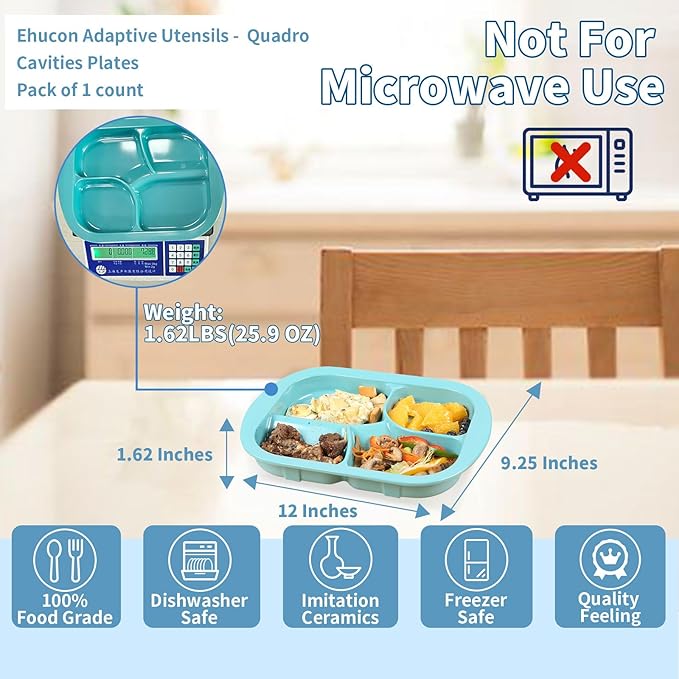 Adaptive Utensils Scoop Weighted Plate,Spill-proof 4-Compartment Divided Plates with Extra Wall for Elderly,Non-slip Disabled Products for Handicapped to Self-feeding-Pack of 1