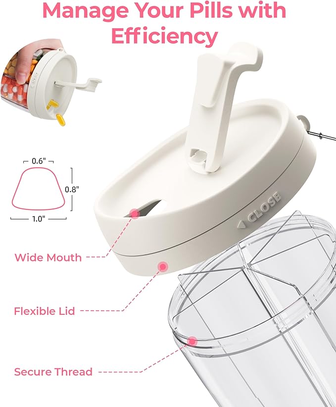 AMOOS Large Pill Dispenser with 6 Compartments, Anti-Mix Pill Bottle Organizer with Wide Opening & Easy Retrieval, Vitamin Organizer for Travel, BPA-Free Pill Box with a Strap, White