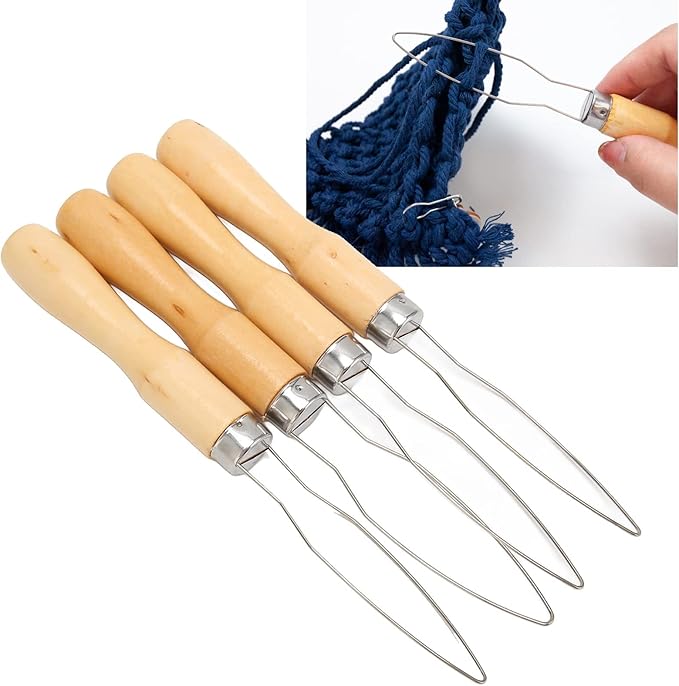 ZJchao Button Hook for Seniors, Button Hook Tool 4Pcs Wooden Handle Stainless Steel Wire Semi Flexible Assist Tool with Comfort Grip Handle for Elderly
