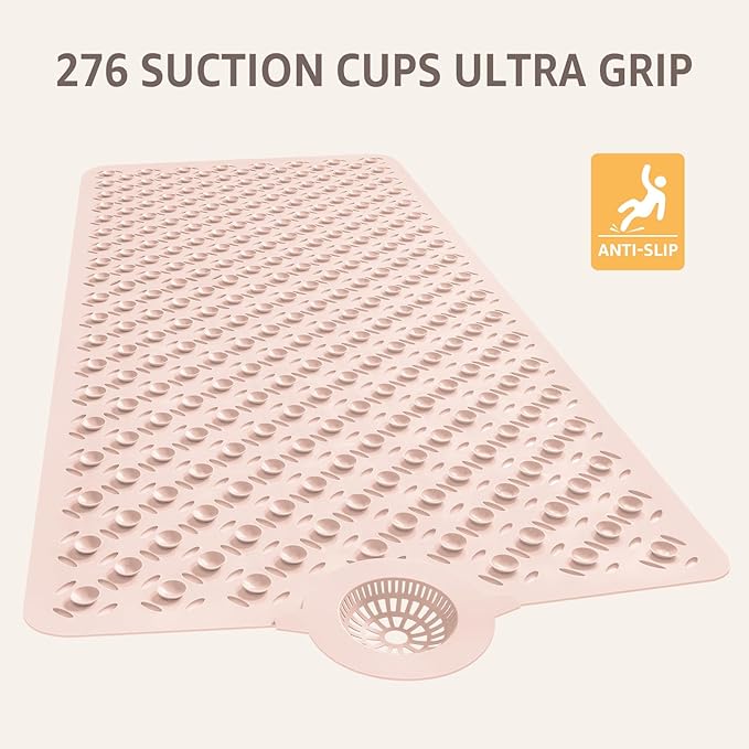 OTHWAY Bath Mat for Tub Non Slip: 39" X 17" Long Bathtub Mat with Hair Catcher│Big Drain Holes Shower Mats for Inside Shower│Machine Washable (Pink)