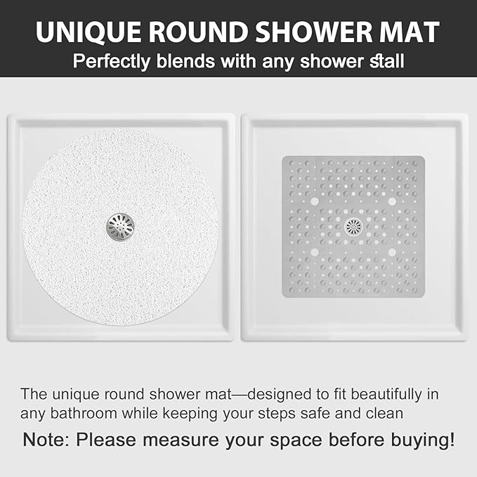 Non Slip Shower Mat: 32x32 inch Round Shower Mats for Inside Shower with Central Drain Hole, Soft Loofah Shower Floor Mat for Standing Shower Stall, RV, Tile Fiberglass Shower Pan, Quick Dry