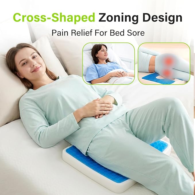 Bed Sore Wheelchair Cushions, 2-Piece Set - Wheelchair Lumbar Pillow,Gel Infused Seat Cushion, 18”x16” for Sciatica, Back & Coccyx Pain，Bedsore Pressure Relief, with Anti-Slip&Washable Cover