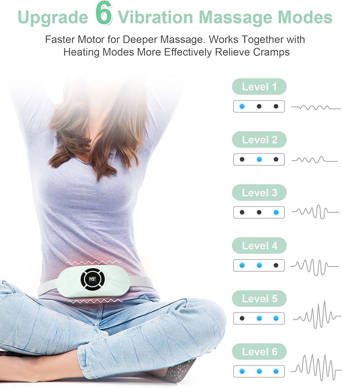 Portable Cordless Heating Pad for Period Cramps, Voice Reminder Menstrual Heating Pad with 6 Heat Levels and 6 Massage Modes, 3s Fast Heating, Gifts for Women Girls, Green