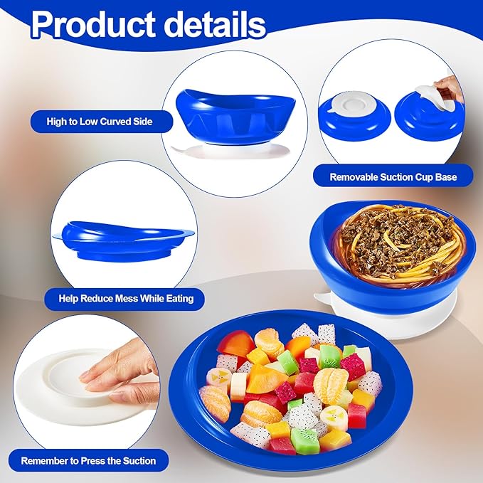 Hushee 2 Sets Adaptive Spill Proof Scoop Bowl and Plate Set with Suction Base Non Skid Self Feed Suction Dinnerware for Elderly Disabled Handicapped from Parkinsons Tremor (Blue)